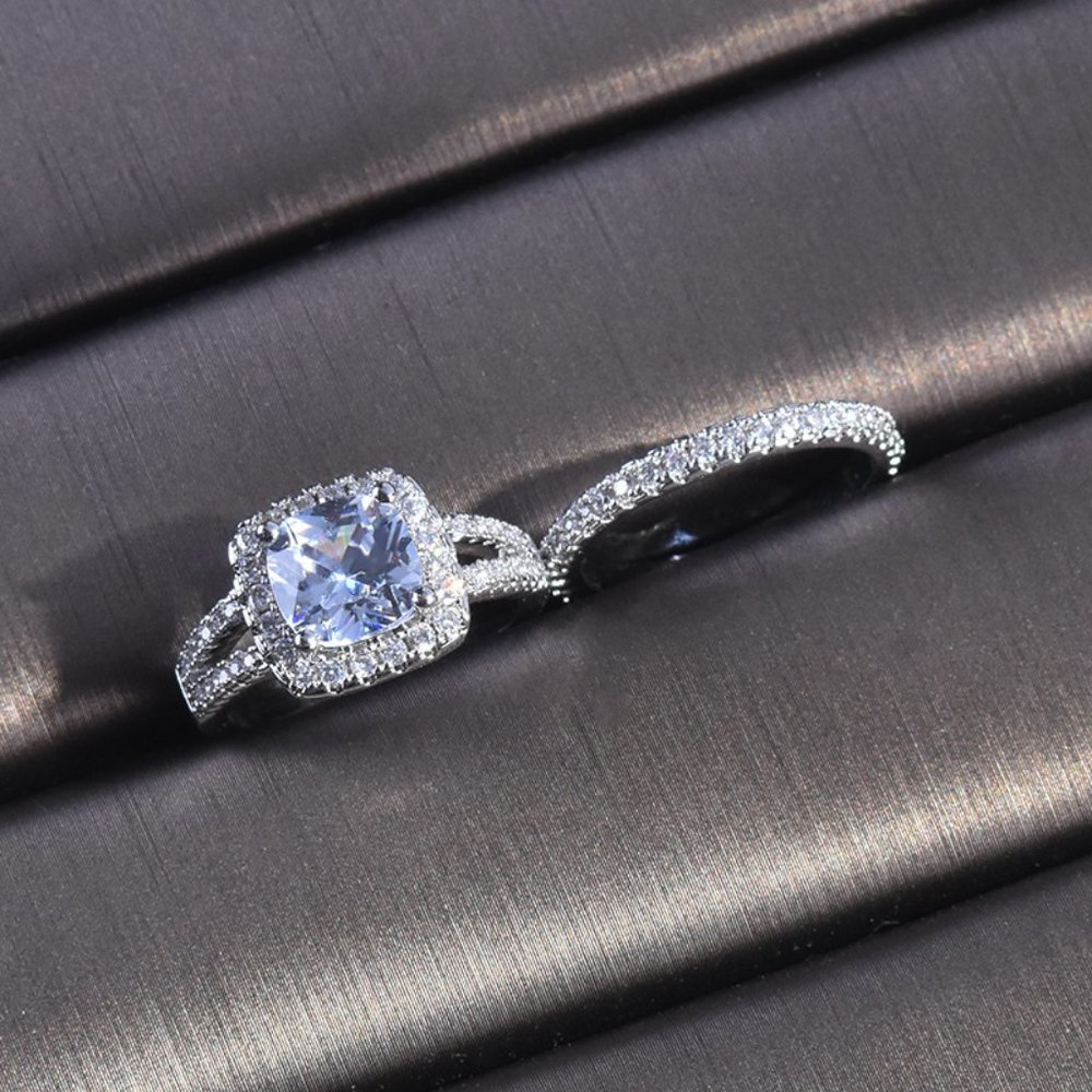NEW 2PC/Set 925 Silver Cushion Diamond Halo Ring - Picture 5 of 6